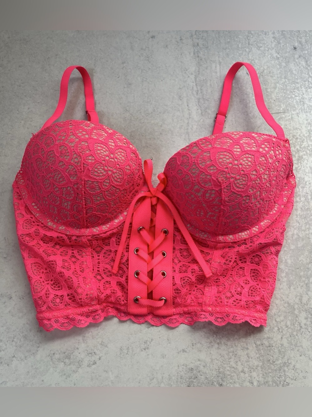 Victoria's Secret Lace Corset Bustier Bra Lace Up 34C Neon Pink Coquette Bow